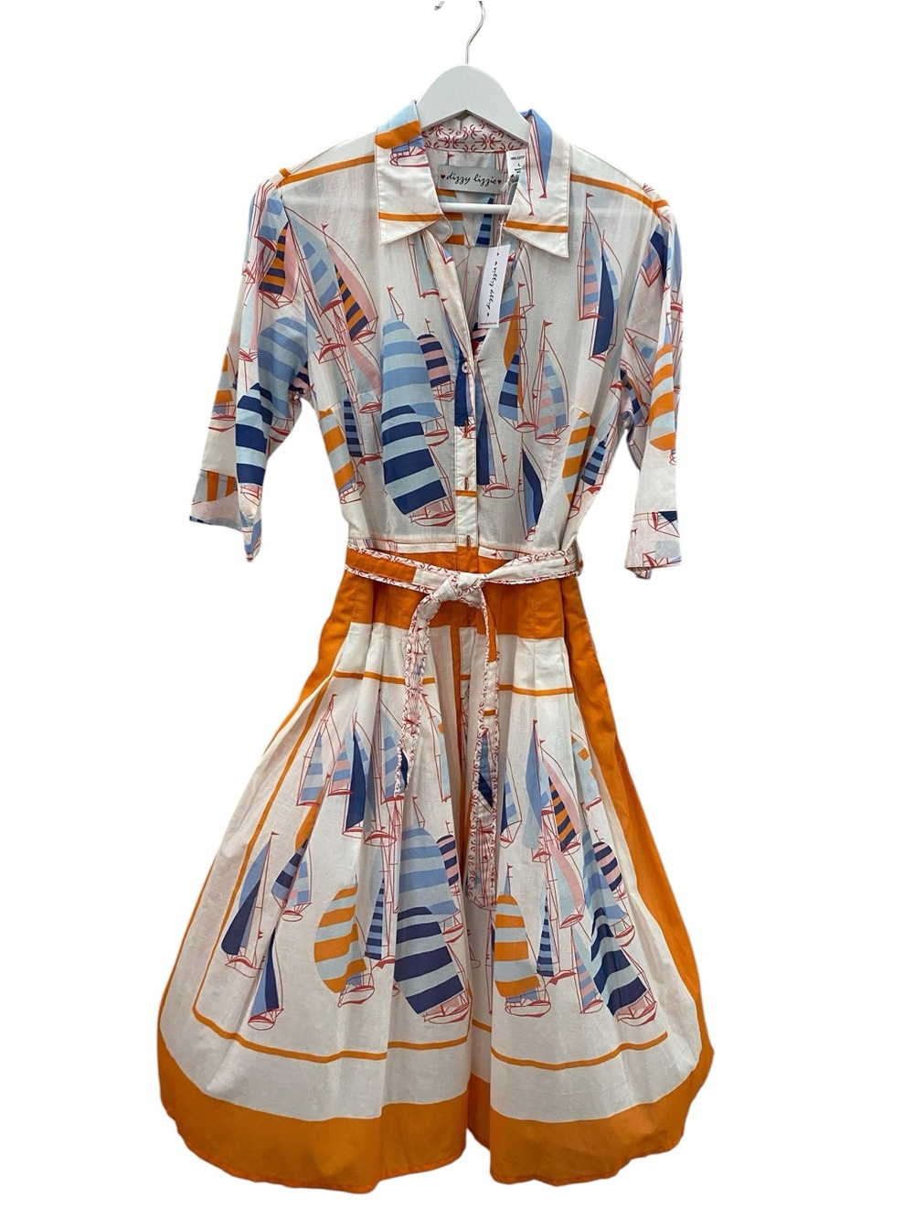 Sailboat-Print DIZZY LIZZIE Midi Shirt Dress in White, Navy & Orange